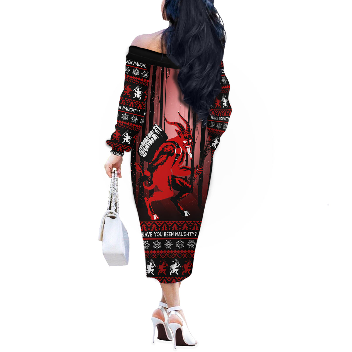 Wonder Print Christmas Off The Shoulder Long Sleeve Dress Merry Krampus - Wonder Print Shop
