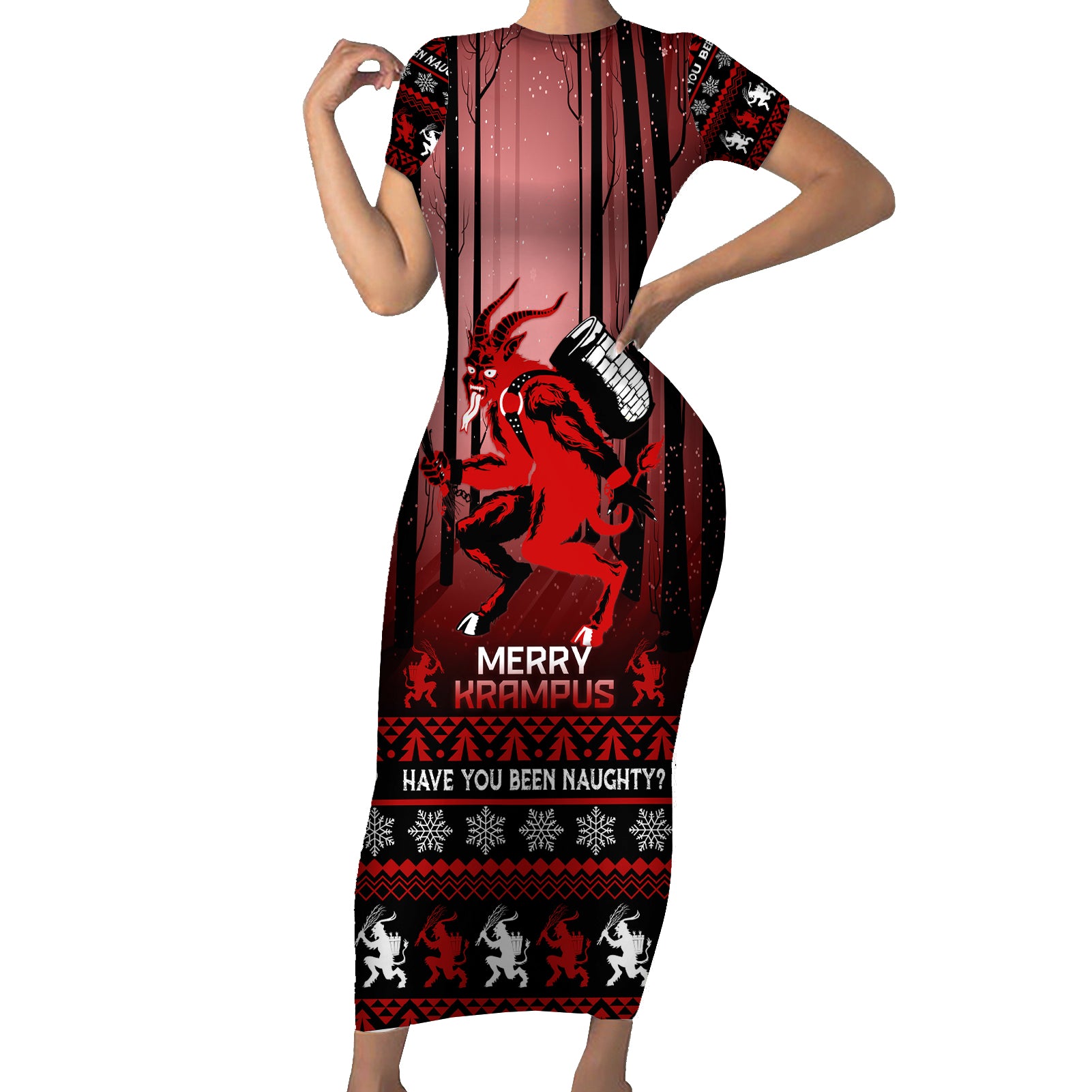Wonder Print Christmas Short Sleeve Bodycon Dress Merry Krampus - Wonder Print Shop