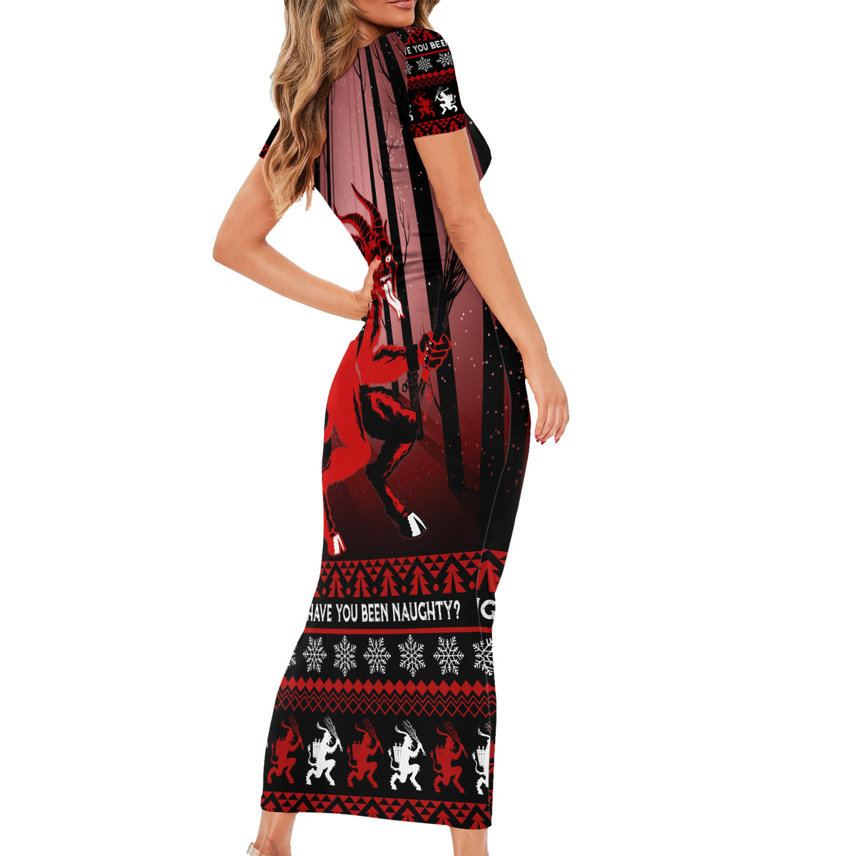 Wonder Print Christmas Short Sleeve Bodycon Dress Merry Krampus - Wonder Print Shop