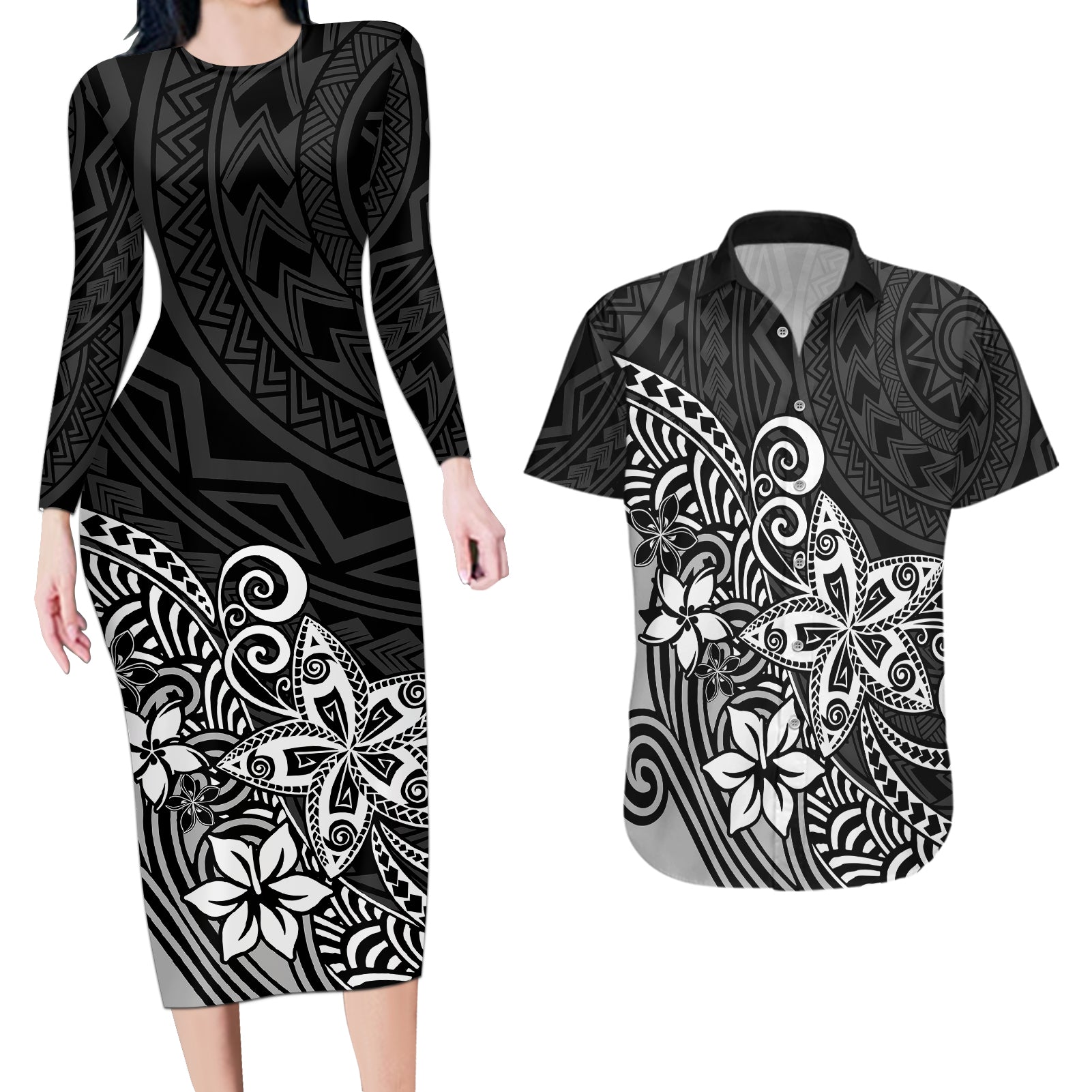 Polynesia Couples Matching Long Sleeve Bodycon Dress and Hawaiian Shirt Plumeria Black Curves LT7 - Wonder Print Shop