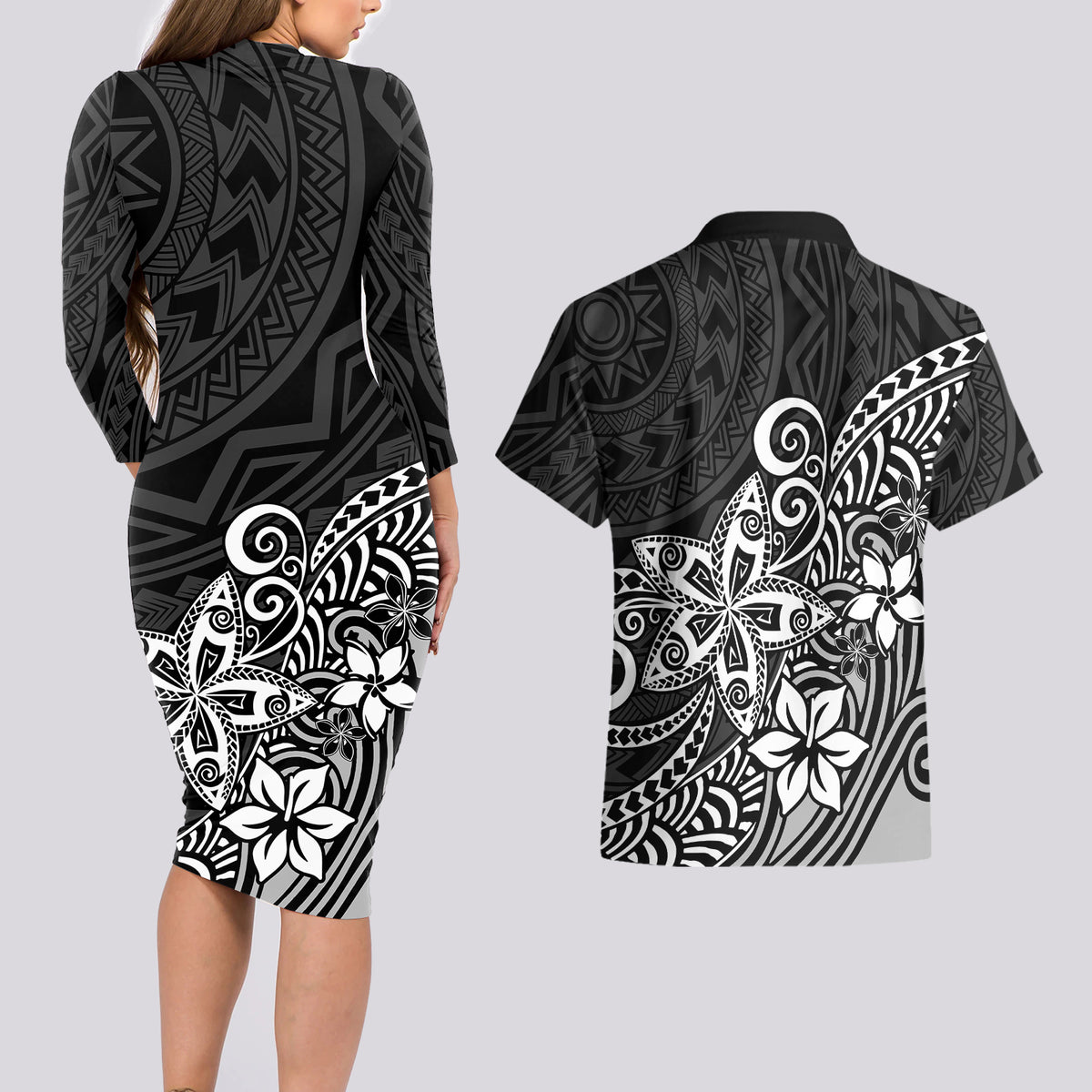Polynesia Couples Matching Long Sleeve Bodycon Dress and Hawaiian Shirt Plumeria Black Curves LT7 - Wonder Print Shop
