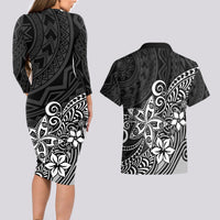 Polynesia Couples Matching Long Sleeve Bodycon Dress and Hawaiian Shirt Plumeria Black Curves LT7 - Wonder Print Shop