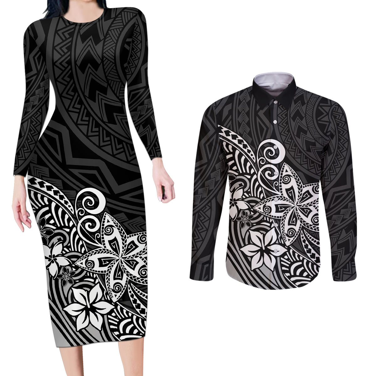 Polynesia Couples Matching Long Sleeve Bodycon Dress and Long Sleeve Button Shirts Plumeria Black Curves LT7 - Wonder Print Shop