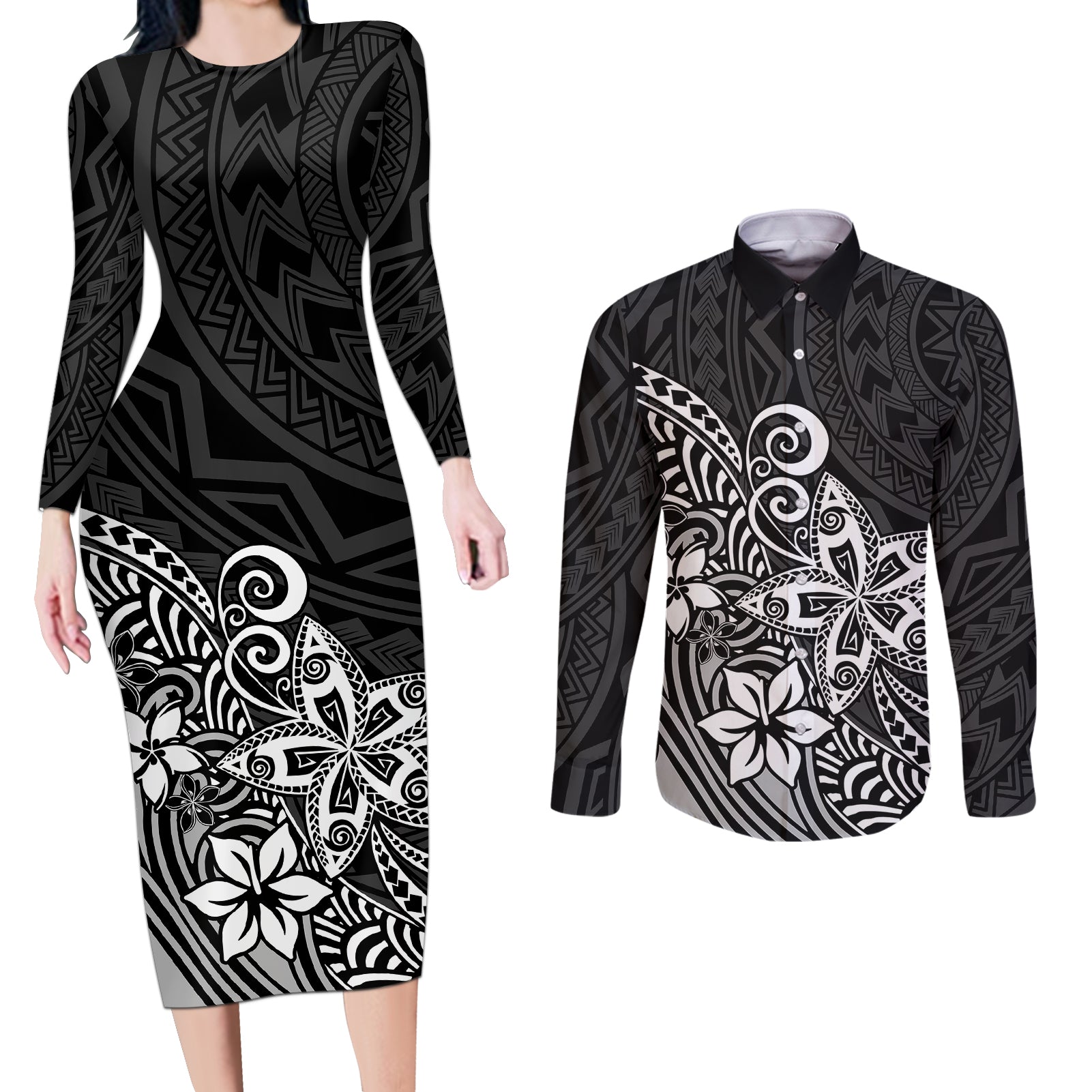 Polynesia Couples Matching Long Sleeve Bodycon Dress and Long Sleeve Button Shirts Plumeria Black Curves LT7 - Wonder Print Shop
