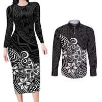Polynesia Couples Matching Long Sleeve Bodycon Dress and Long Sleeve Button Shirts Plumeria Black Curves LT7 - Wonder Print Shop