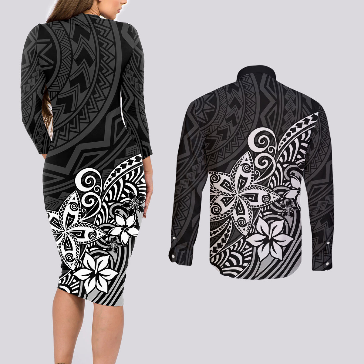 Polynesia Couples Matching Long Sleeve Bodycon Dress and Long Sleeve Button Shirts Plumeria Black Curves LT7 - Wonder Print Shop