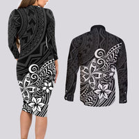 Polynesia Couples Matching Long Sleeve Bodycon Dress and Long Sleeve Button Shirts Plumeria Black Curves LT7 - Wonder Print Shop
