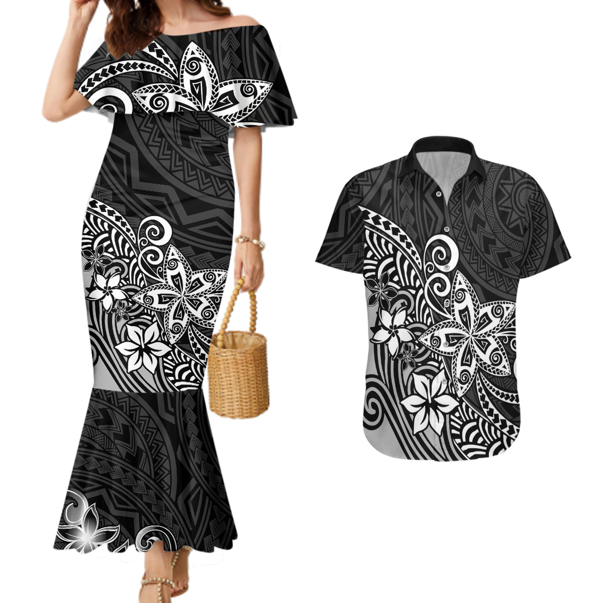Polynesia Couples Matching Mermaid Dress And Hawaiian Shirt Plumeria Black Curves LT7 - Wonder Print Shop