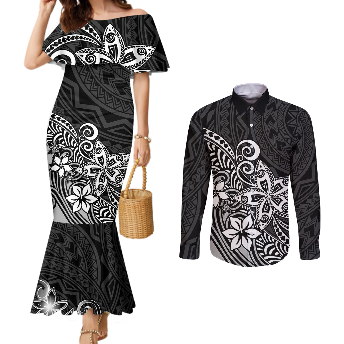 polynesia-couples-matching-mermaid-dress-and-long-sleeve-button-shirts-plumeria-black-curves