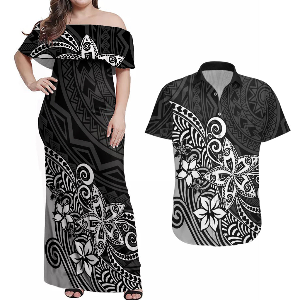 Polynesia Couples Matching Off Shoulder Maxi Dress and Hawaiian Shirt Plumeria Black Curves LT7 - Wonder Print Shop