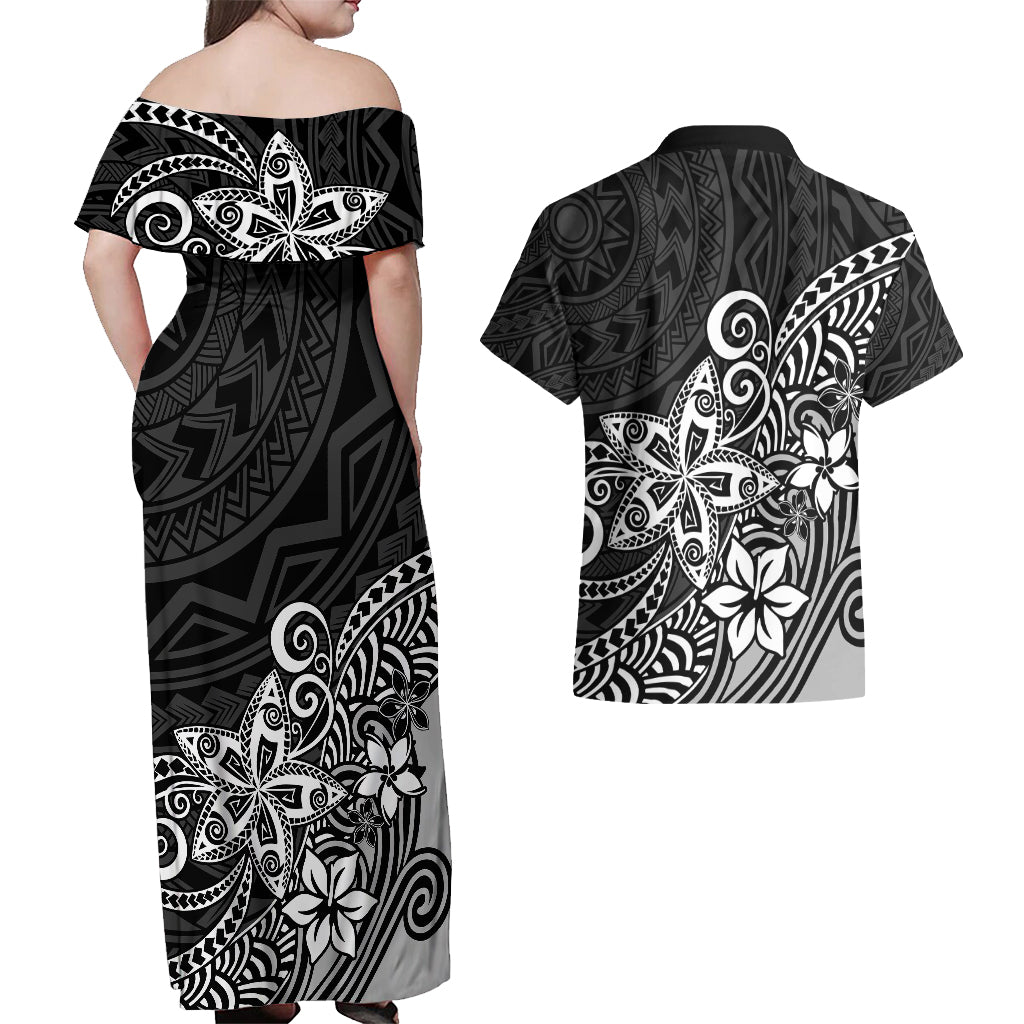 Polynesia Couples Matching Off Shoulder Maxi Dress and Hawaiian Shirt Plumeria Black Curves LT7 - Wonder Print Shop