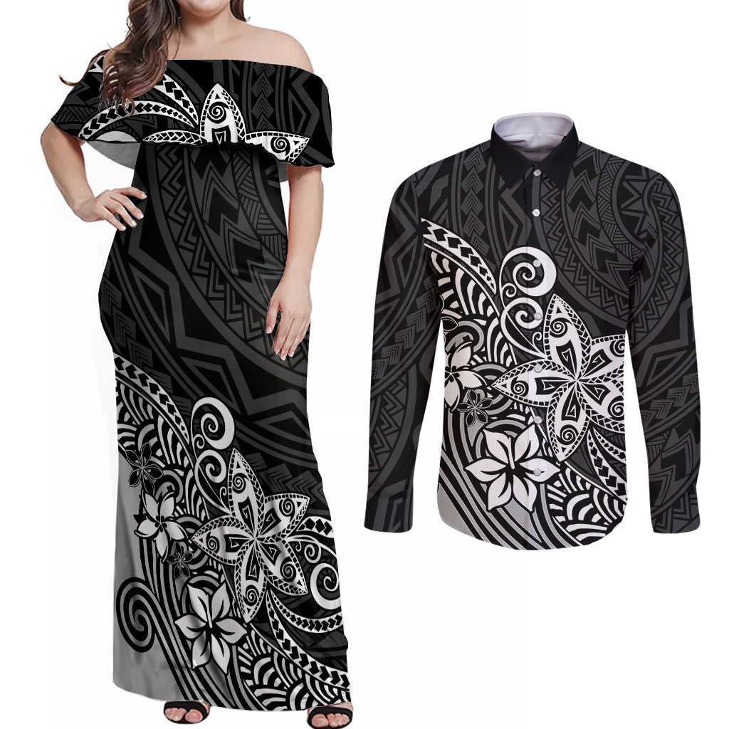 Polynesia Couples Matching Off Shoulder Maxi Dress and Long Sleeve Button Shirts Plumeria Black Curves LT7 - Wonder Print Shop