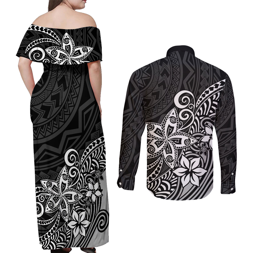 Polynesia Couples Matching Off Shoulder Maxi Dress and Long Sleeve Button Shirts Plumeria Black Curves LT7 - Wonder Print Shop