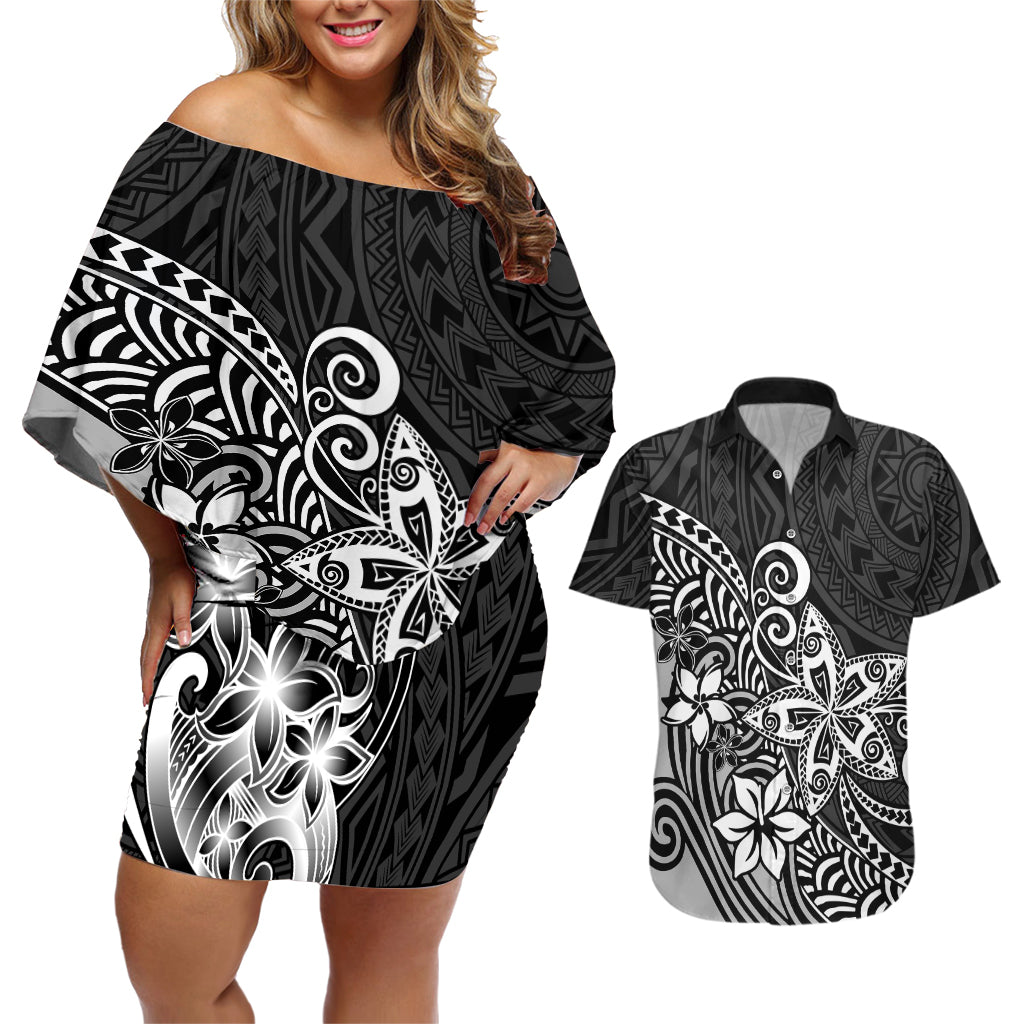 Polynesia Couples Matching Off Shoulder Short Dress and Hawaiian Shirt Plumeria Black Curves LT7 - Wonder Print Shop