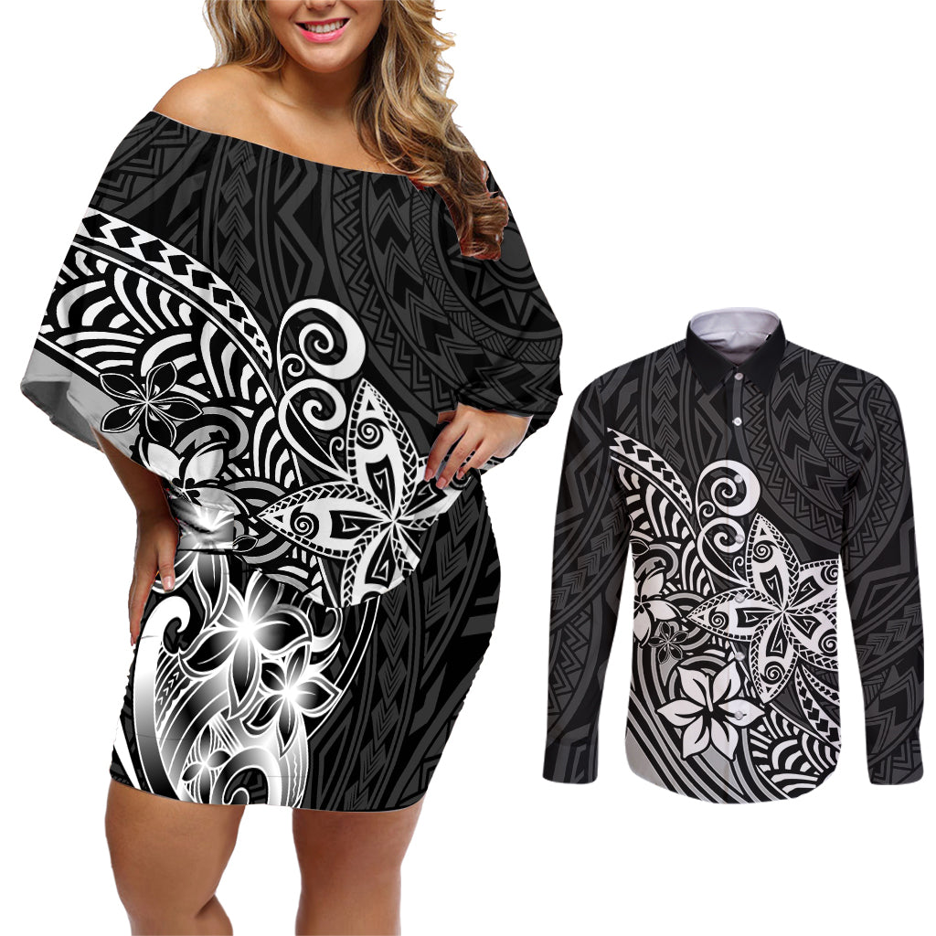 Polynesia Couples Matching Off Shoulder Short Dress and Long Sleeve Button Shirts Plumeria Black Curves LT7 - Wonder Print Shop