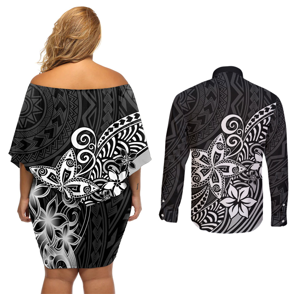 Polynesia Couples Matching Off Shoulder Short Dress and Long Sleeve Button Shirts Plumeria Black Curves LT7 - Wonder Print Shop