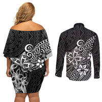 Polynesia Couples Matching Off Shoulder Short Dress and Long Sleeve Button Shirts Plumeria Black Curves LT7 - Wonder Print Shop