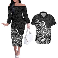 Polynesia Couples Matching Off The Shoulder Long Sleeve Dress and Hawaiian Shirt Plumeria Black Curves LT7 - Wonder Print Shop