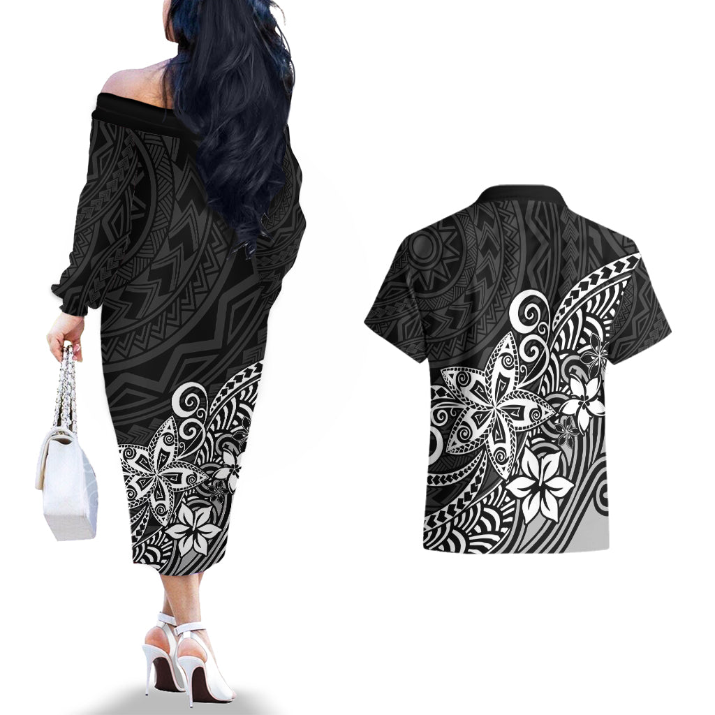 Polynesia Couples Matching Off The Shoulder Long Sleeve Dress and Hawaiian Shirt Plumeria Black Curves LT7 - Wonder Print Shop