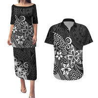 Polynesia Couples Matching Puletasi Dress and Hawaiian Shirt Plumeria Black Curves LT7 - Wonder Print Shop
