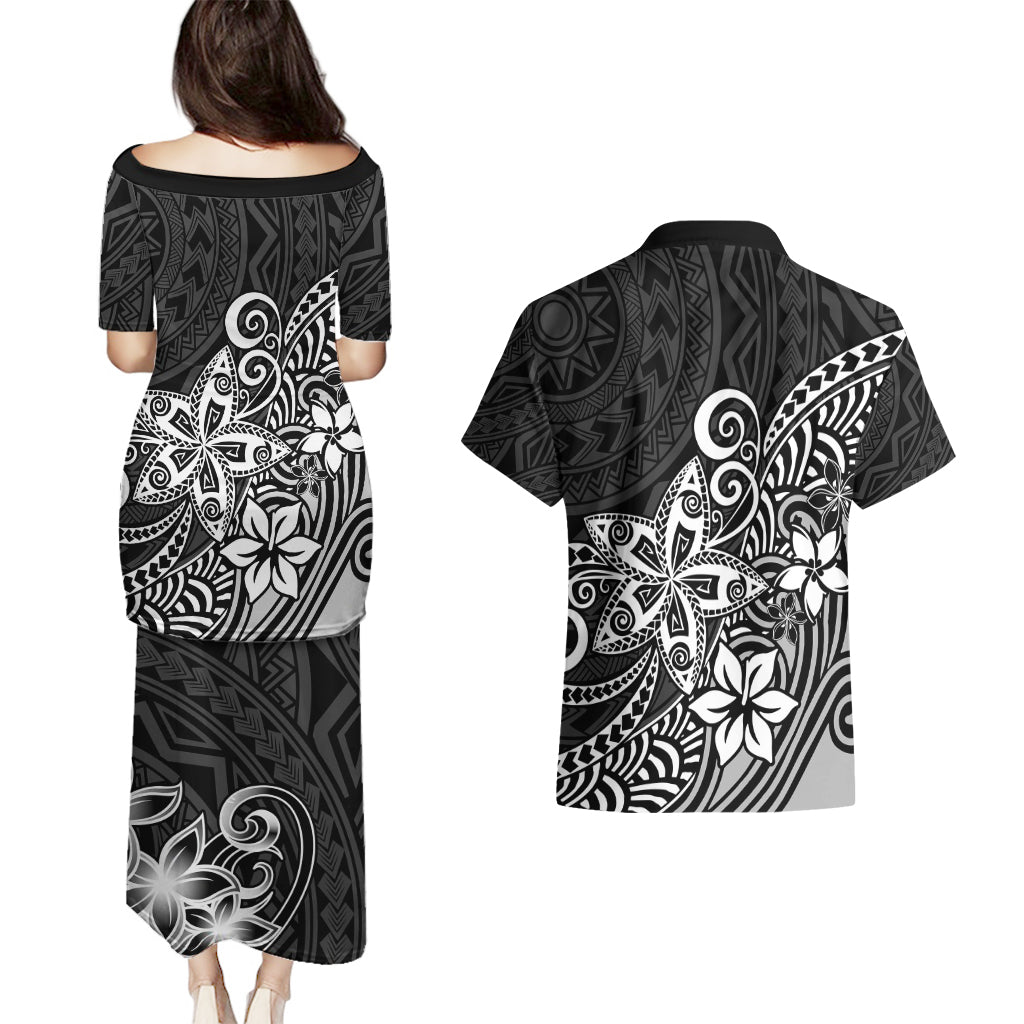 Polynesia Couples Matching Puletasi Dress and Hawaiian Shirt Plumeria Black Curves LT7 - Wonder Print Shop