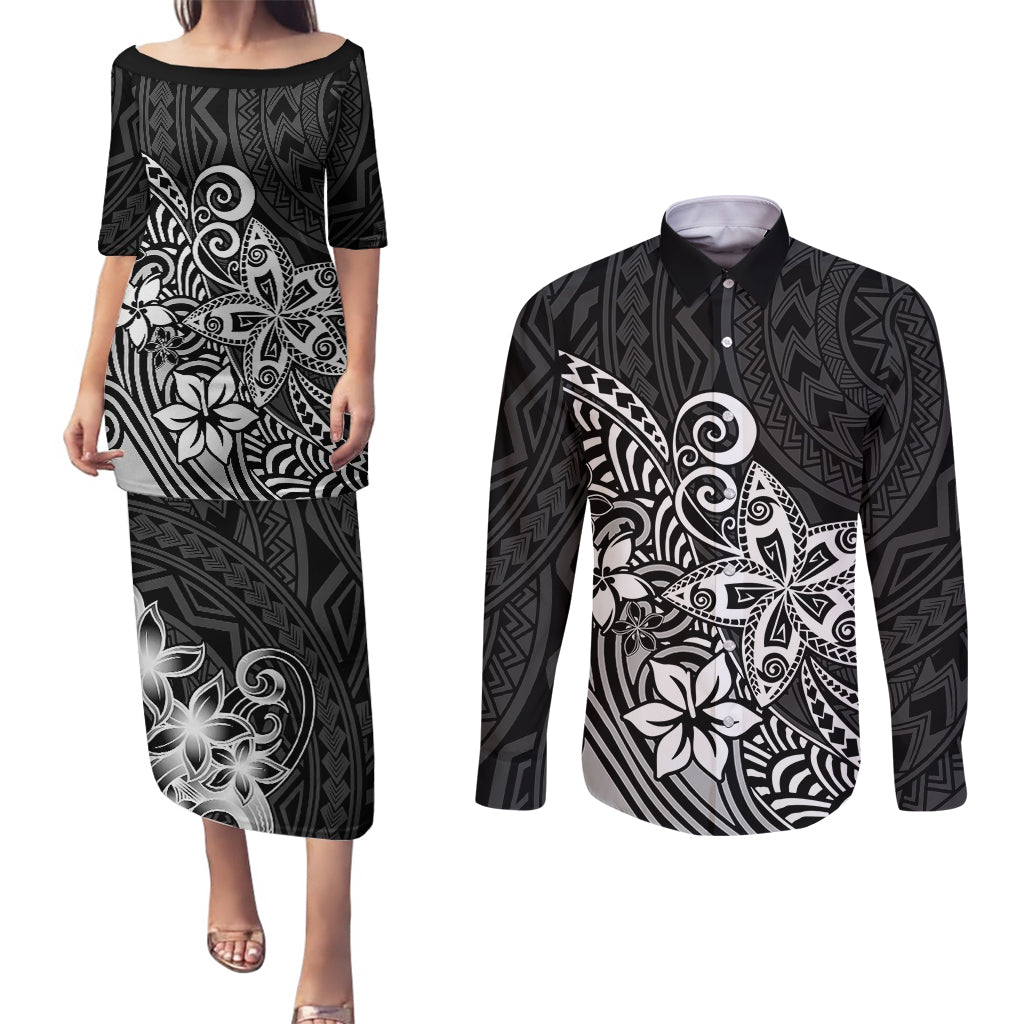 Polynesia Couples Matching Puletasi Dress and Long Sleeve Button Shirts Plumeria Black Curves LT7 - Wonder Print Shop