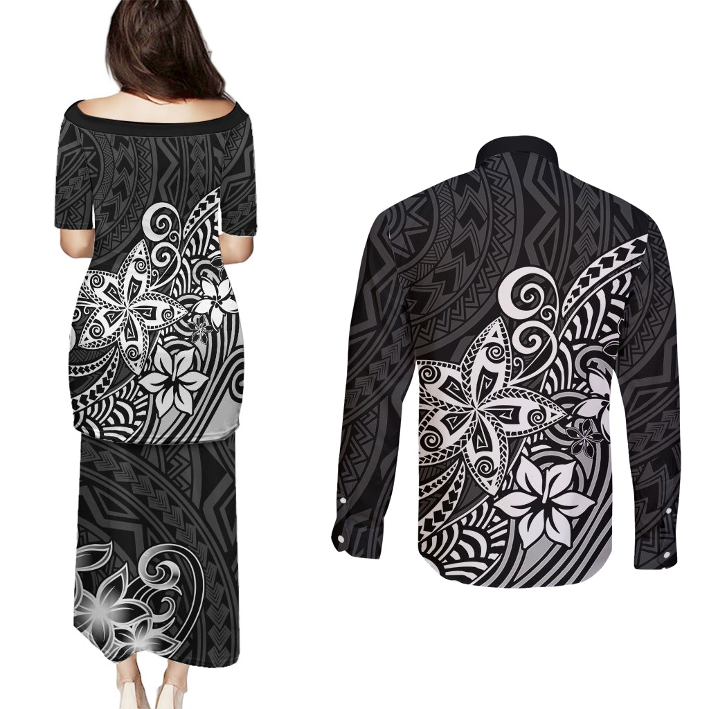 Polynesia Couples Matching Puletasi Dress and Long Sleeve Button Shirts Plumeria Black Curves LT7 - Wonder Print Shop