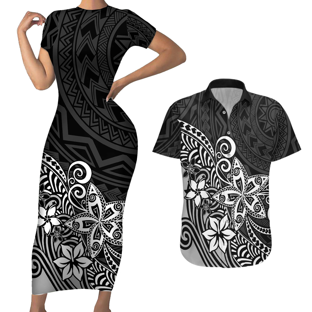 Polynesia Couples Matching Short Sleeve Bodycon Dress and Hawaiian Shirt Plumeria Black Curves LT7 - Wonder Print Shop