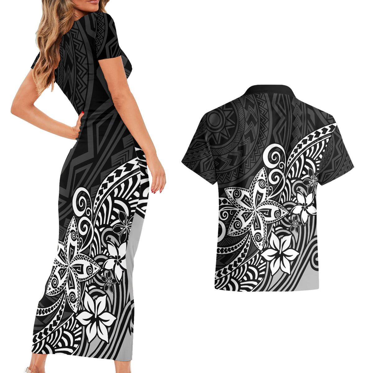 Polynesia Couples Matching Short Sleeve Bodycon Dress and Hawaiian Shirt Plumeria Black Curves LT7 - Wonder Print Shop