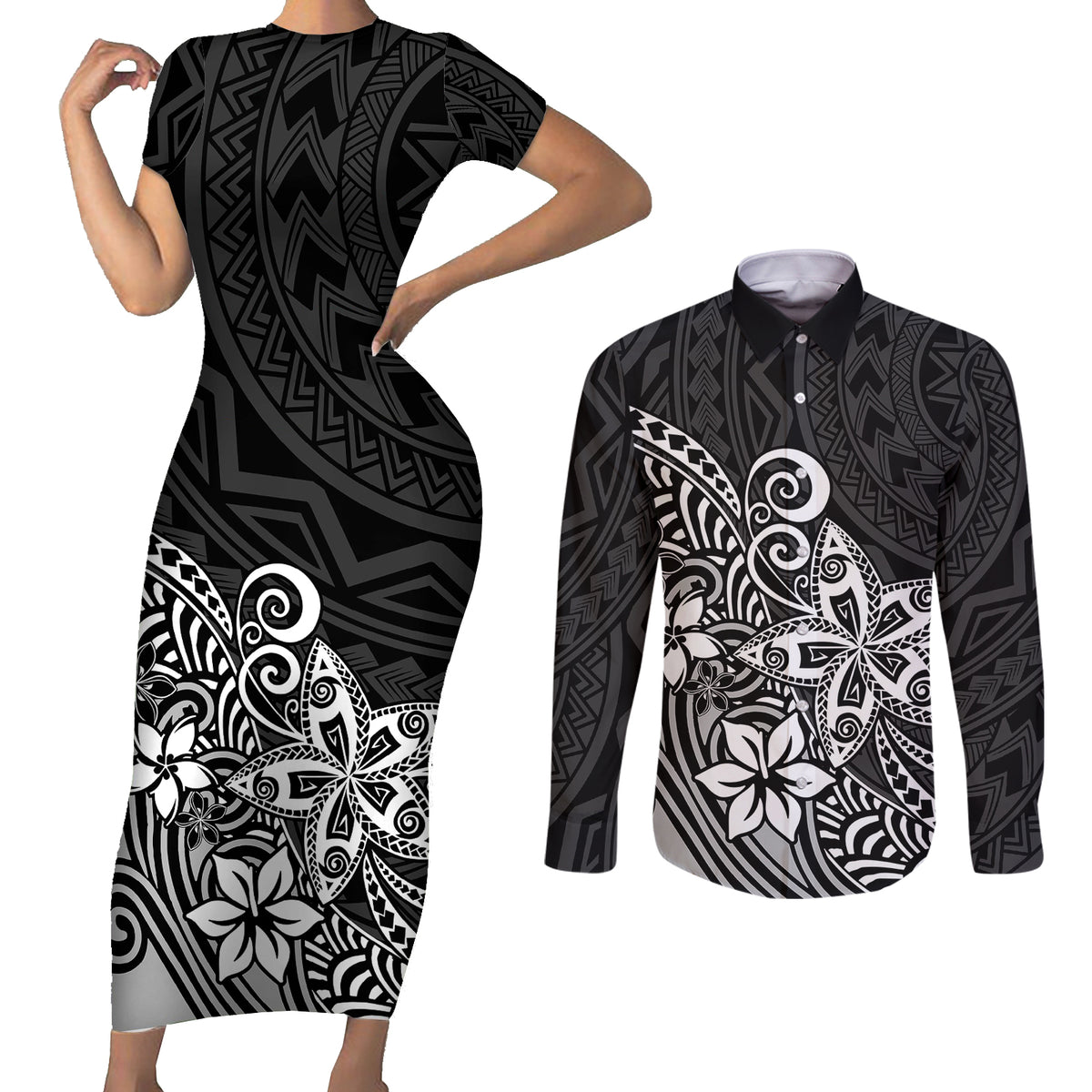 Polynesia Couples Matching Short Sleeve Bodycon Dress and Long Sleeve Button Shirts Plumeria Black Curves LT7 - Wonder Print Shop