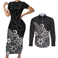 Polynesia Couples Matching Short Sleeve Bodycon Dress and Long Sleeve Button Shirts Plumeria Black Curves LT7 - Wonder Print Shop