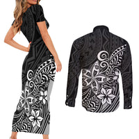 Polynesia Couples Matching Short Sleeve Bodycon Dress and Long Sleeve Button Shirts Plumeria Black Curves LT7 - Wonder Print Shop