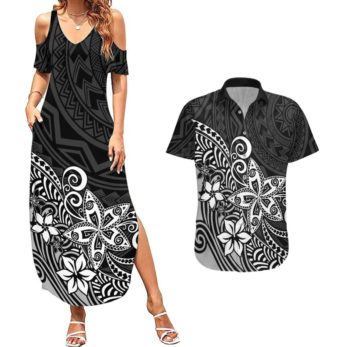 Polynesia Couples Matching Summer Maxi Dress and Hawaiian Shirt Plumeria Black Curves LT7 - Wonder Print Shop