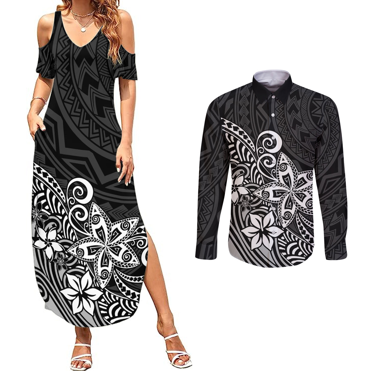 Polynesia Couples Matching Summer Maxi Dress and Long Sleeve Button Shirts Plumeria Black Curves LT7 - Wonder Print Shop