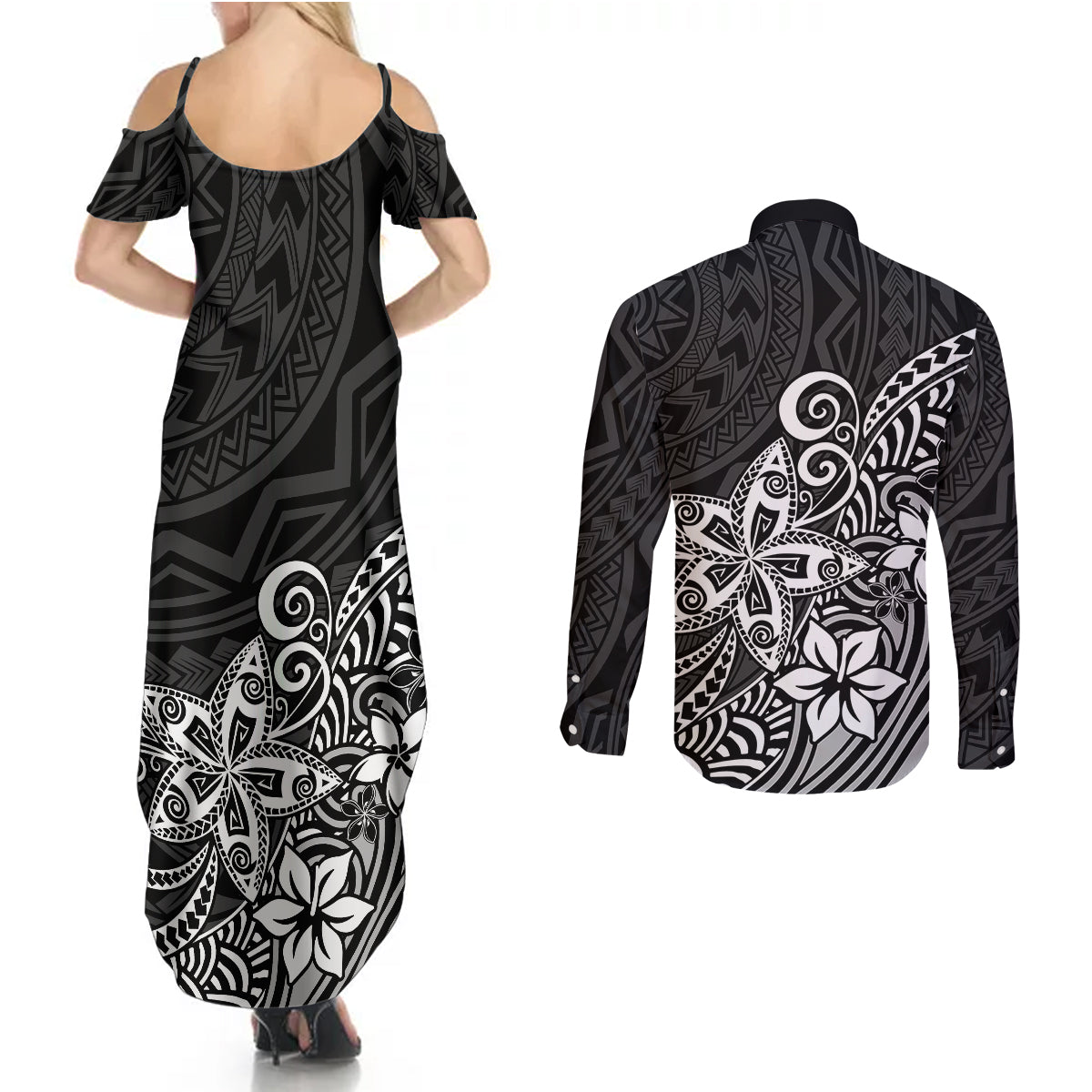 Polynesia Couples Matching Summer Maxi Dress and Long Sleeve Button Shirts Plumeria Black Curves LT7 - Wonder Print Shop