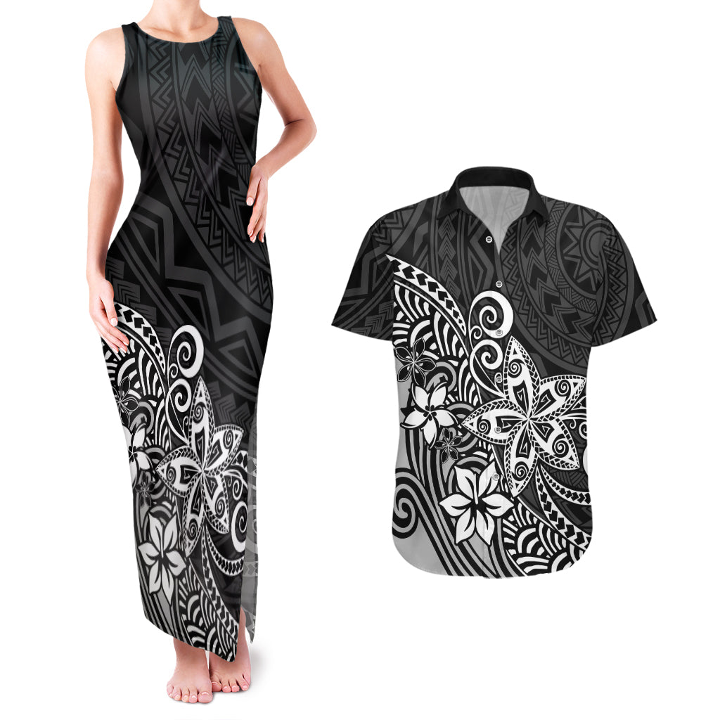 Polynesia Couples Matching Tank Maxi Dress And Hawaiian Shirt Plumeria Black Curves LT7 - Wonder Print Shop
