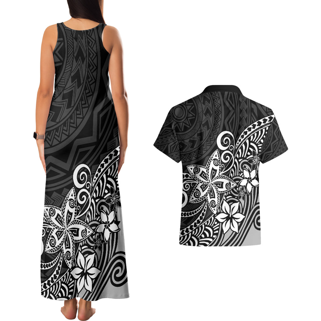Polynesia Couples Matching Tank Maxi Dress And Hawaiian Shirt Plumeria Black Curves LT7 - Wonder Print Shop