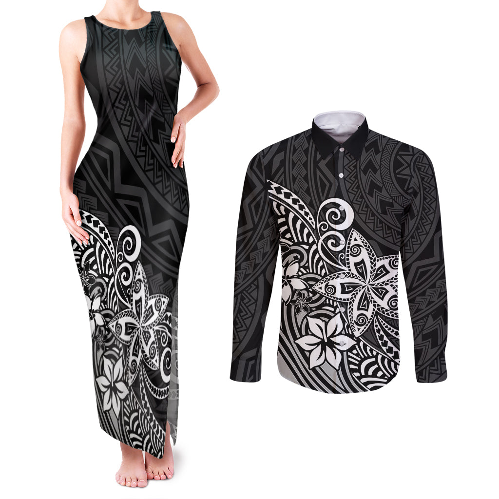 Polynesia Couples Matching Tank Maxi Dress and Long Sleeve Button Shirts Plumeria Black Curves LT7 - Wonder Print Shop