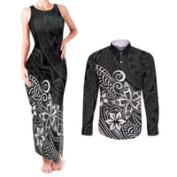 Polynesia Couples Matching Tank Maxi Dress and Long Sleeve Button Shirts Plumeria Black Curves LT7 - Wonder Print Shop