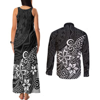 Polynesia Couples Matching Tank Maxi Dress and Long Sleeve Button Shirts Plumeria Black Curves LT7 - Wonder Print Shop