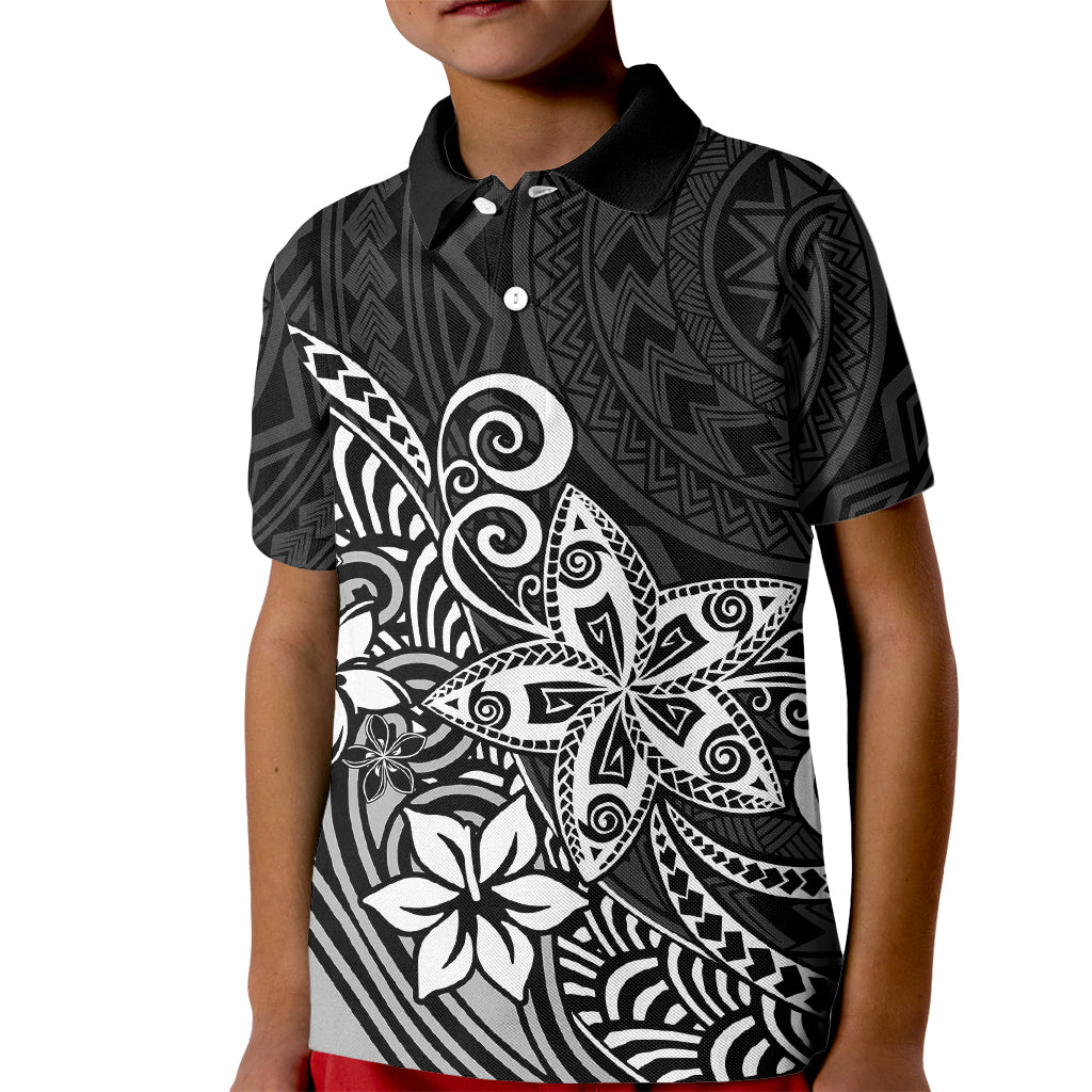Polynesia Kid Polo Shirt Plumeria Black Curves - Wonder Print Shop