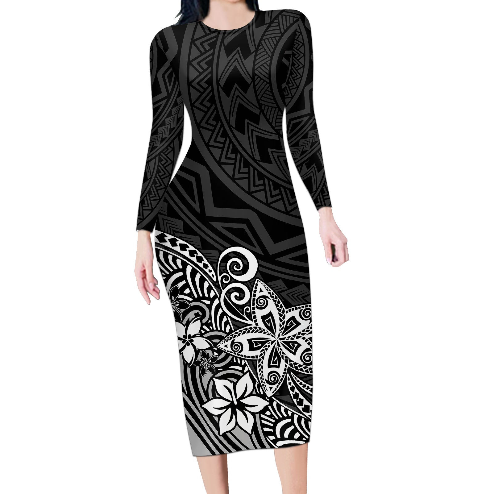 Polynesia Long Sleeve Bodycon Dress Plumeria Black Curves - Wonder Print Shop