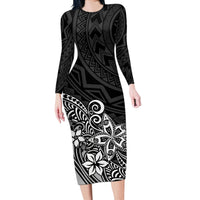 Polynesia Long Sleeve Bodycon Dress Plumeria Black Curves - Wonder Print Shop