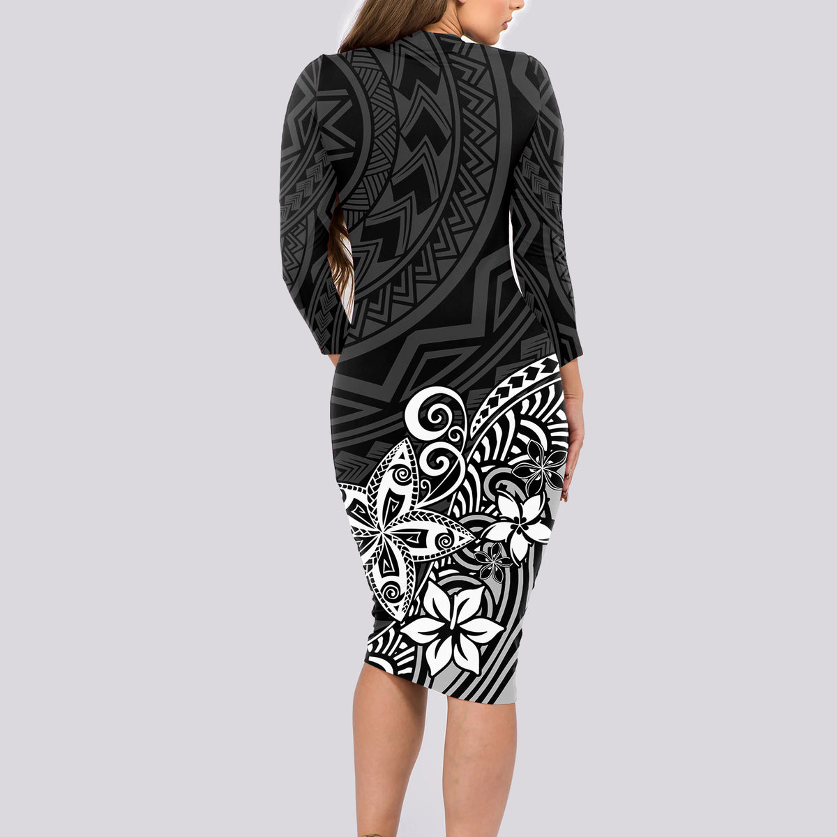 Polynesia Long Sleeve Bodycon Dress Plumeria Black Curves - Wonder Print Shop