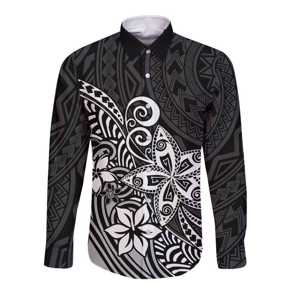 Polynesia Long Sleeve Button Shirt Plumeria Black Curves - Wonder Print Shop
