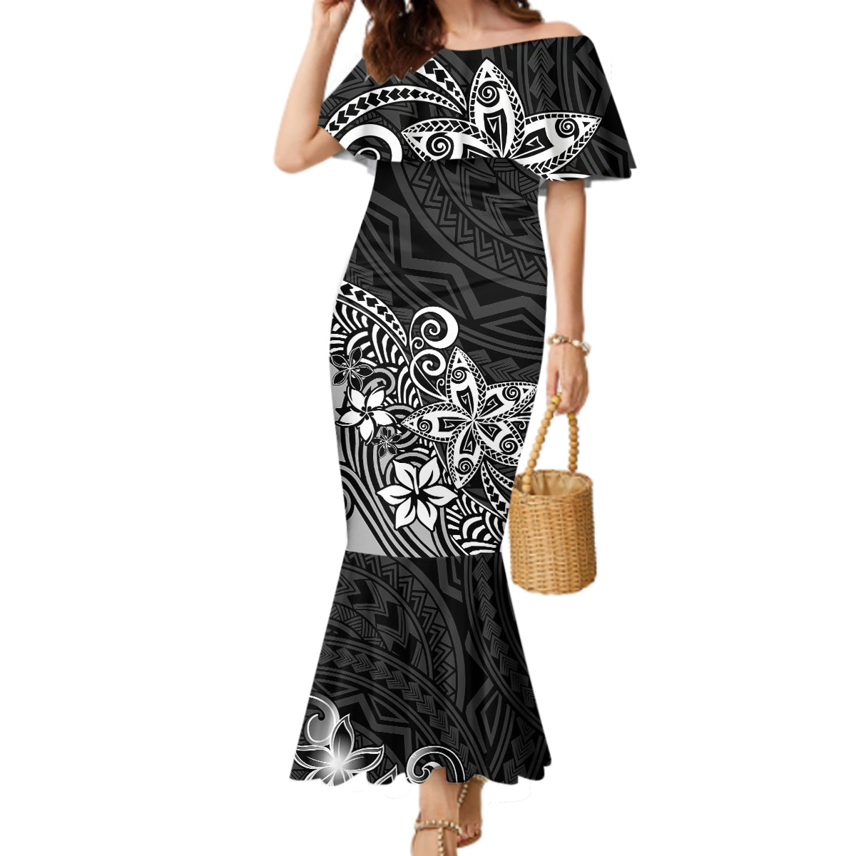 Polynesia Mermaid Dress Plumeria Black Curves - Wonder Print Shop