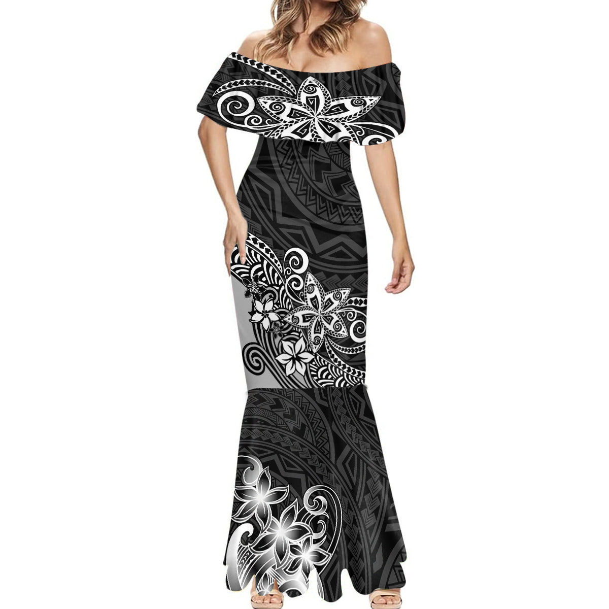 Polynesia Mermaid Dress Plumeria Black Curves - Wonder Print Shop