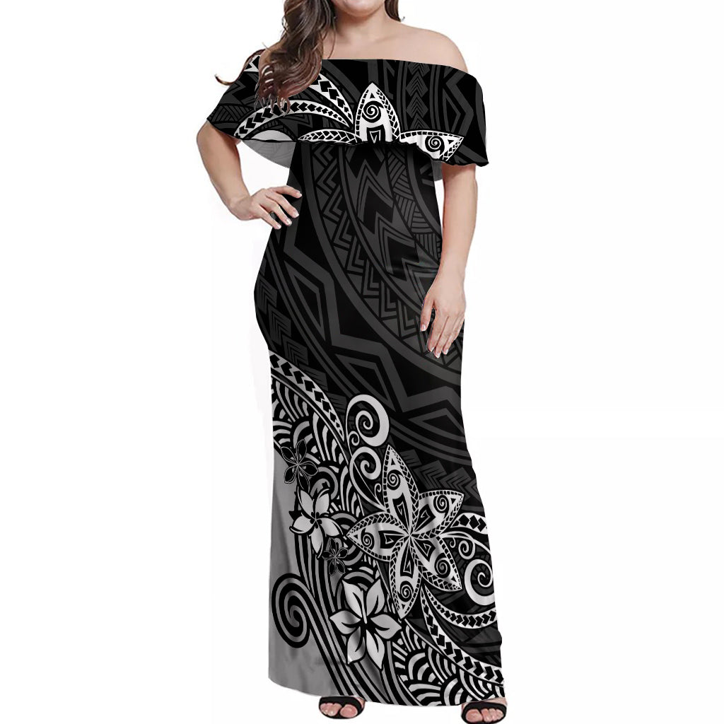 Polynesia Off Shoulder Maxi Dress Plumeria Black Curves - Wonder Print Shop