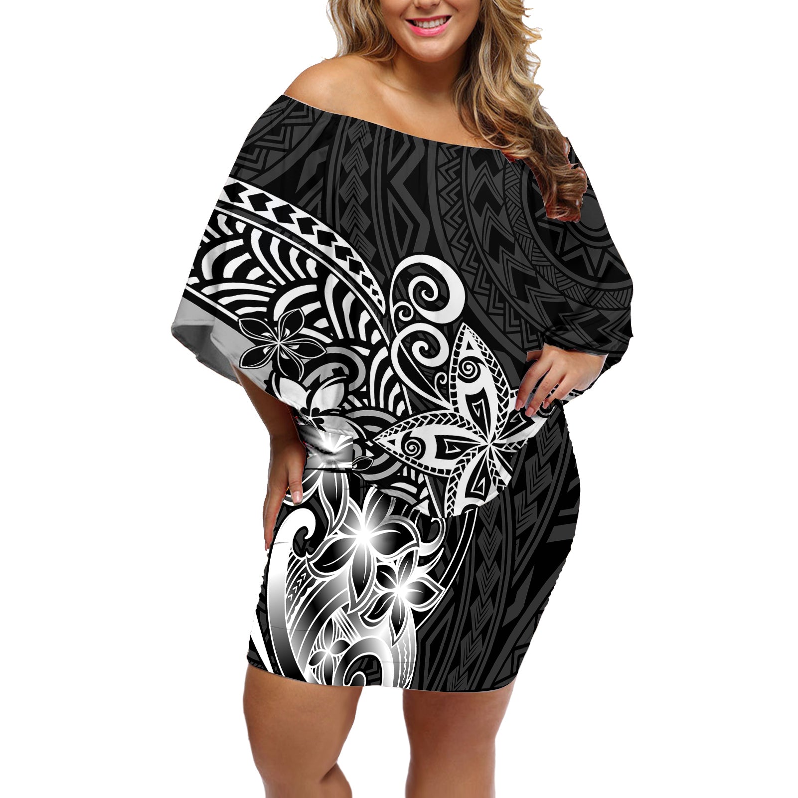 Polynesia Off Shoulder Short Dress Plumeria Black Curves - Wonder Print Shop