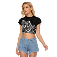 Polynesia Raglan Cropped T Shirt Plumeria Black Curves - Wonder Print Shop